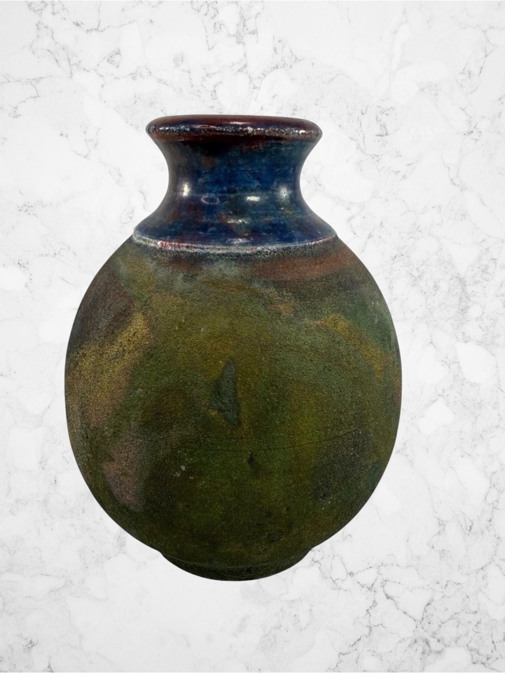 Vintage Raku Art Pottery Bud Table Vase Floral Green Gold Blue Artisan Signed